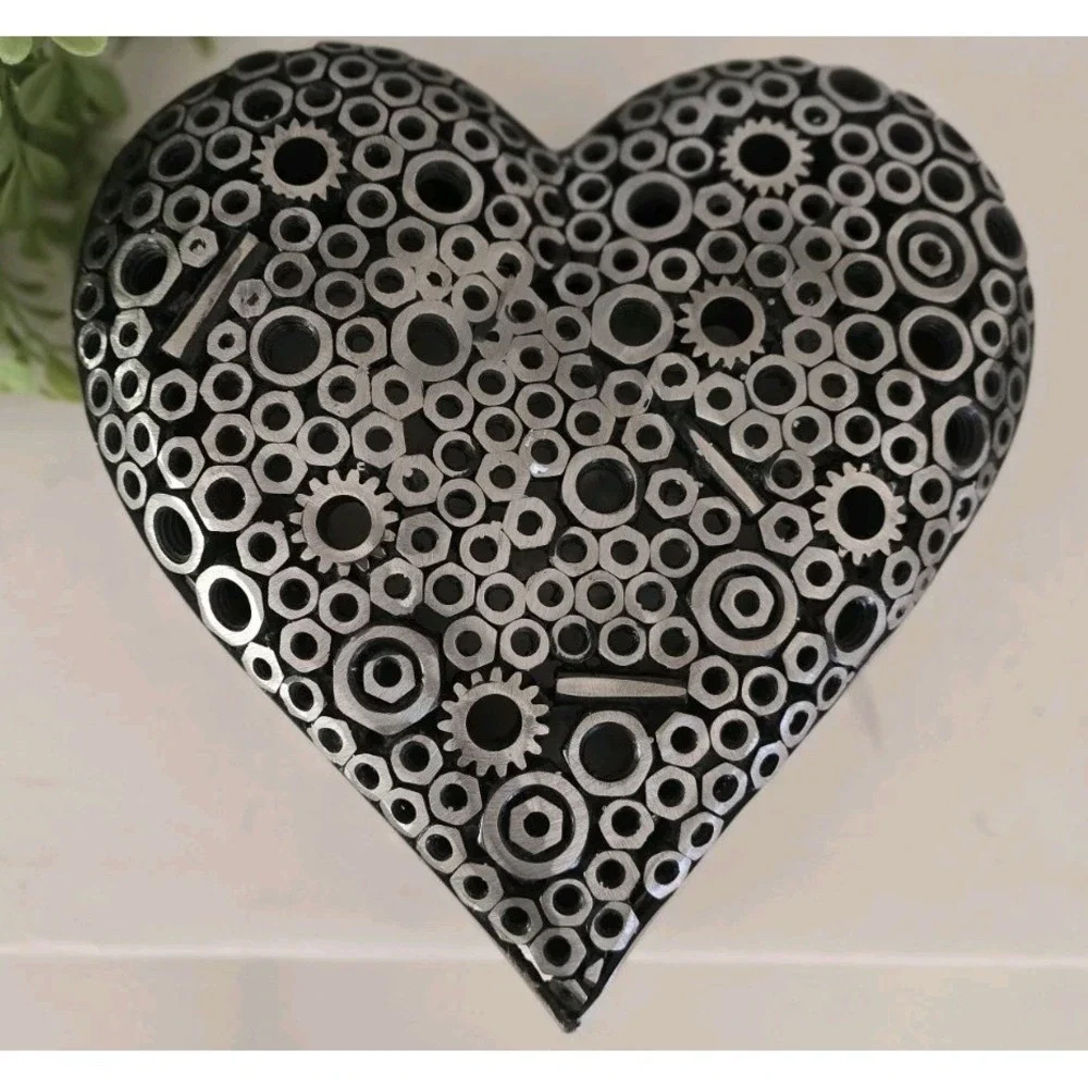 Large Heart Shaped Silver Metal Trinket Box Industrial Nuts & Bolts‎ Rustic